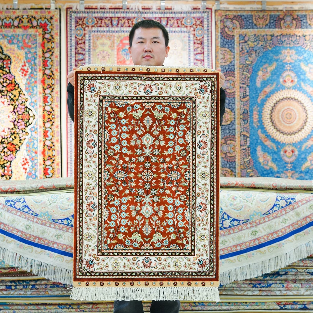 60x90cm Red Handmade Carpets All Over Pictorial Hand Knotted Silk Rugs (TJ868A)