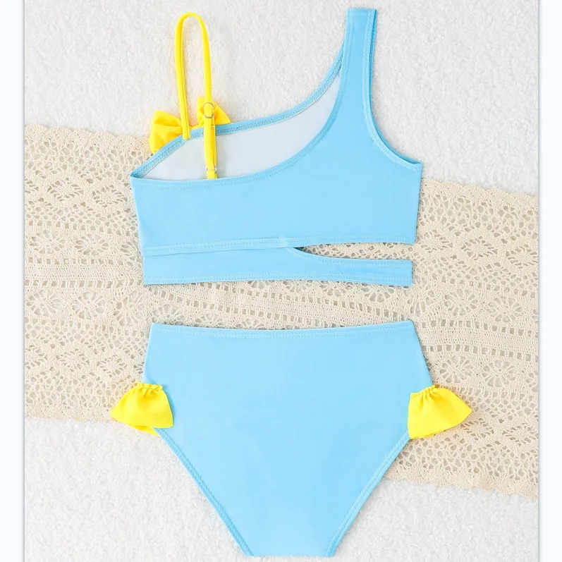 2026 Little Girls Swimsuit High Waist Bikini Ruffle Swimwear Female Solid Children Bathing Swimming Swim Suit 4-7Y view 4