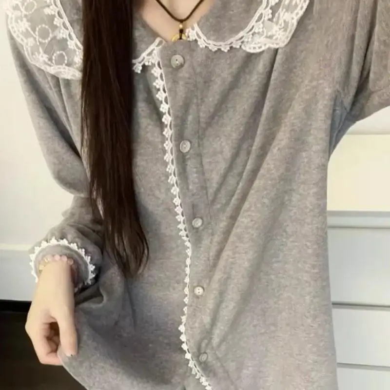 Women Lace Doll Collar Pajama Set Pearl Button Long Sleeve Wide Leg Pants Sweet Casual Loungewear All Season Sleepwear