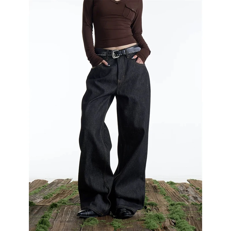 

ZHIZOU Women Gothic Vintage Y2K 2000s High Waist Jeans Korean Oversize Loose Black Casual Black Wide Leg Pants Lady Streetwears