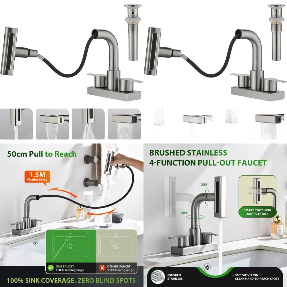

Смеситель для стиральной раковины из матового никеля с 3 отверстиями и двойной ручкой, выдвижным спреем и выдвижным сливом