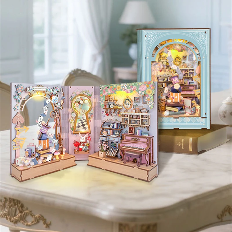 FurHaven Alice's Tea Party Diary DIY Wooden Book Nook Figurines Miniatures Kits Bookshelf Home Bookend Decoration Adult Gifts
