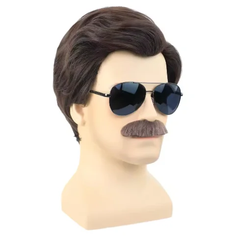 Synthetic Short Brown Men's Wig with Beard and Sunglasses 70s-80s Theme Costume Ted Lasso Character Roleplay Wig