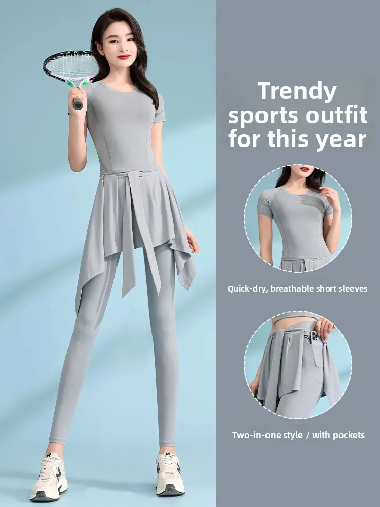 

Slimming Large Size Yoga Wear Set Women's Summer Running Sport Skirt Pants Gym Qui Dry Clothes Fitn Exercise T-irt