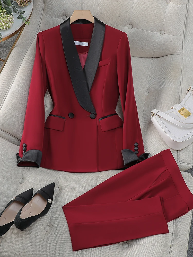 

Elegant Red Black Women Pant Suit Office Ladies Business Work Wear 2 Piece Set Formal Blazer Jacket And Trouser JJ1025