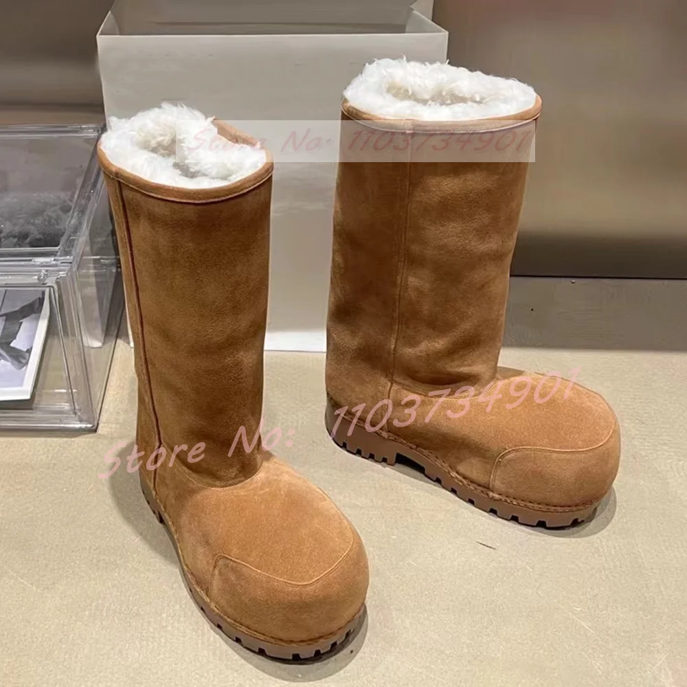 Big Round Toe Warm Snow Boots Women Furry Fur Thick Sole Increase Height Knee High Boots Ladies Slip-On Fashion Nifty Chic Shoes