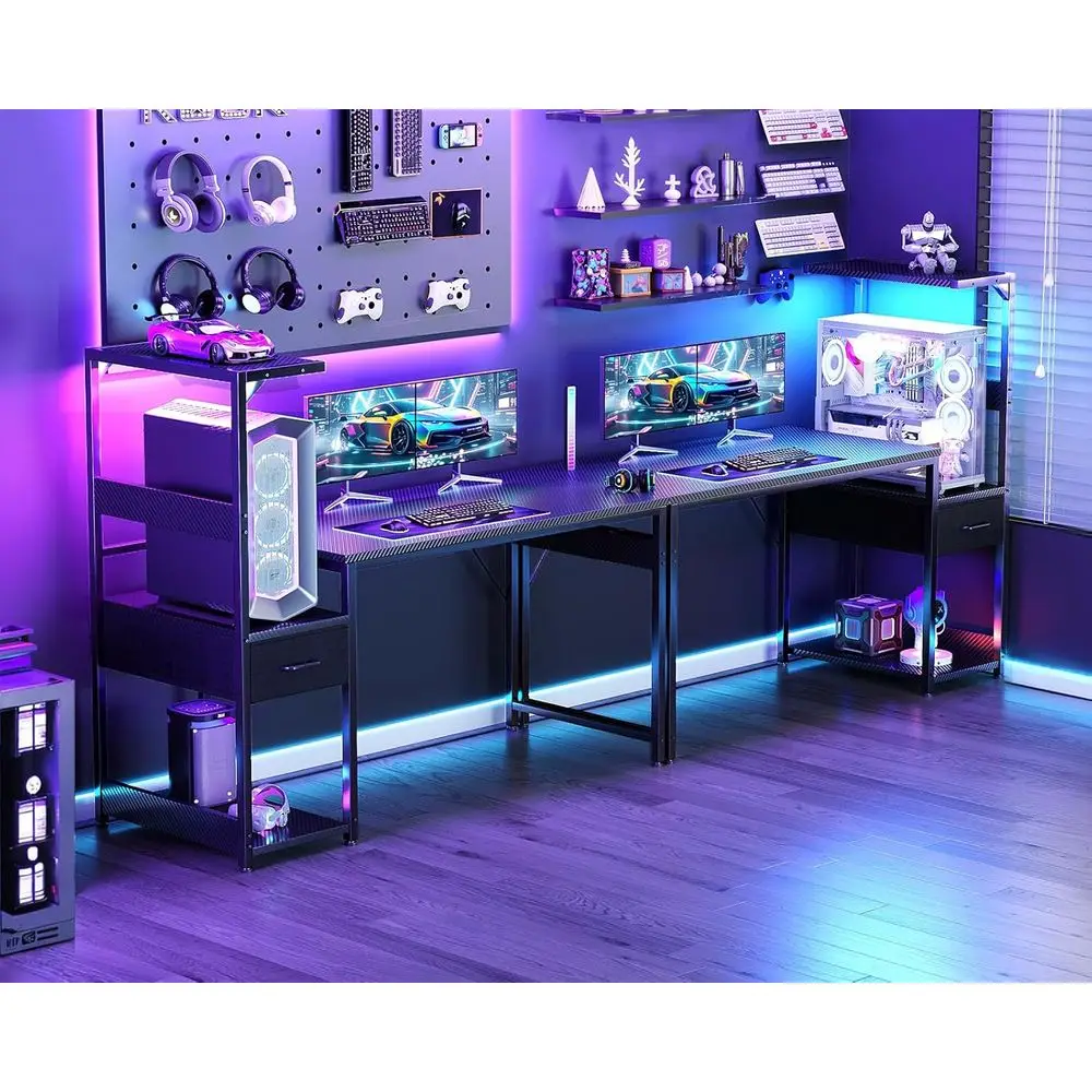 مكتب ألعاب مضاء بإضاءة LED مقاس 48 بوصة مع مساحة تخزين وتصميم عكسي وأدراج قماش وخطاف سماعة رأس جانبي من ألياف الكربون