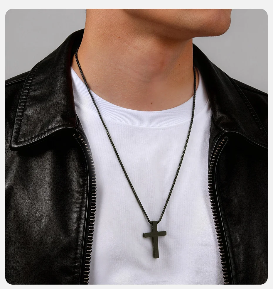 Vnox Kreuz-Anhänger-Halskette für Männer und Frauen, Edelstahl, schwarz-silberfarbene Kastenkette, trendiger christlicher religiöser Schmuck, Geschenk – Detail 2