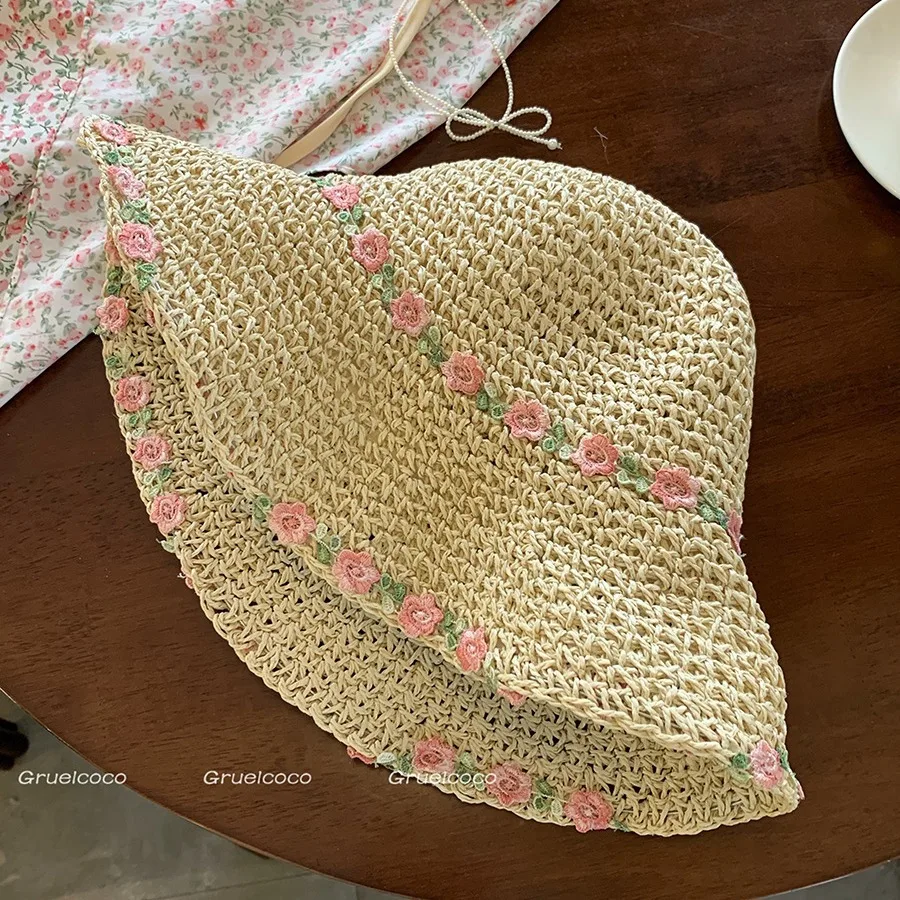 

Korean Florral Straw hat Womens Summer Sun Hats Sweet Flower Wide Brim Sunshade Bucket Caps Female UV Protection Beach Cap