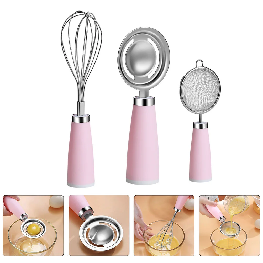 

1Set Egg White Separator Vertical Kitchen Stainless Steel Filter Mesh Sieve Whisk Pink Practical Egg Processing Kit