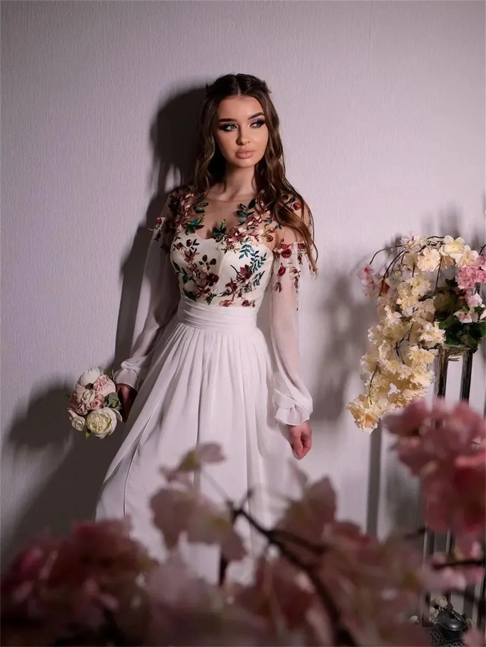 Kyoto White Floral A-line Wedding Dresses Off Shoulder Sweep Train Customized جديد في الفساتين Appliques vestidos de novia