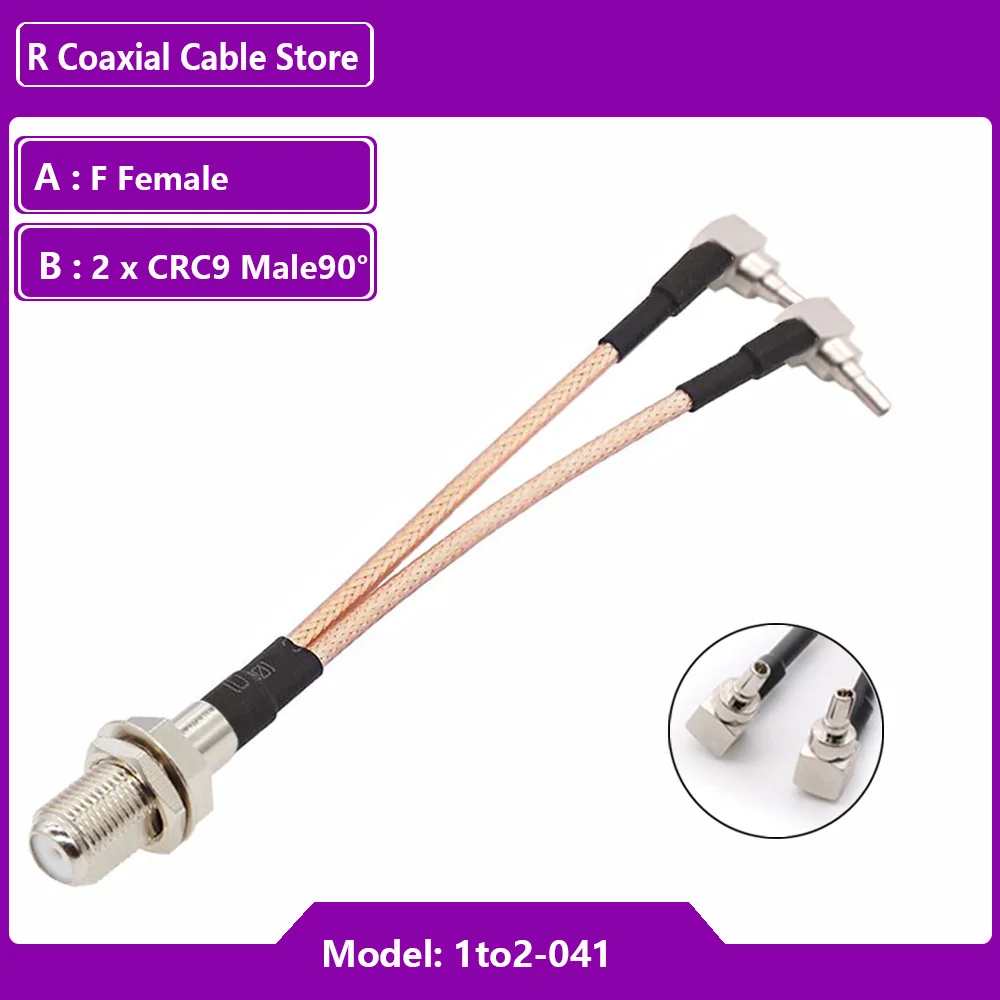 F Female to 2XTS9 CRC9 Male90° Connector  RF Coaxial RG316 Cable  Y Type Splitter Combiner Jumper Pigtail Adapter Router Antenna