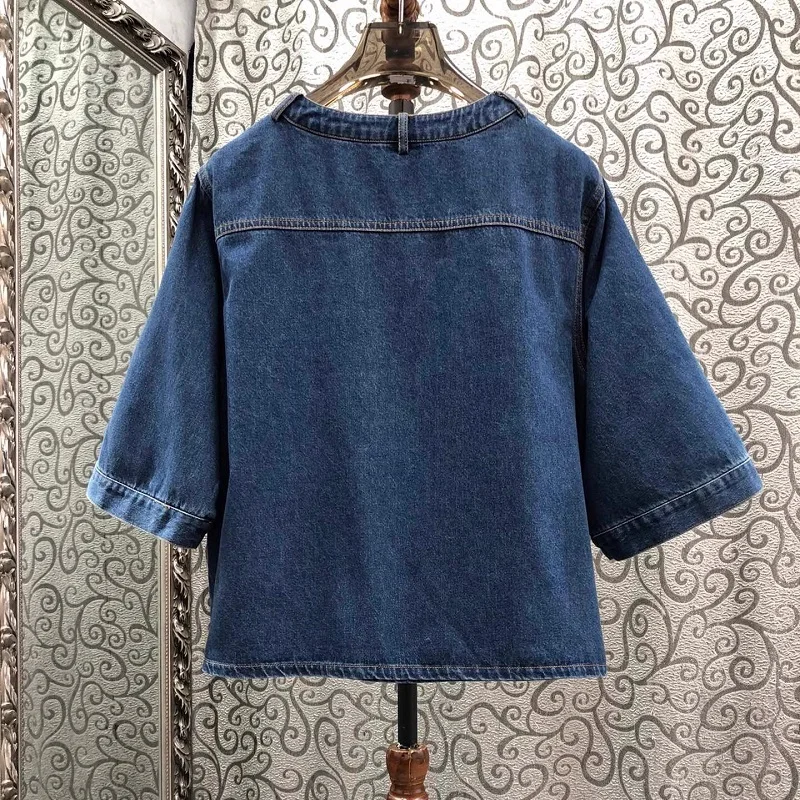 100%Cotton Denim Blouse 2024 Spring Summer Tops Women Beading Button Pocket Patchwork Short Sleeve Casual Blue Jeans Tops Blouse