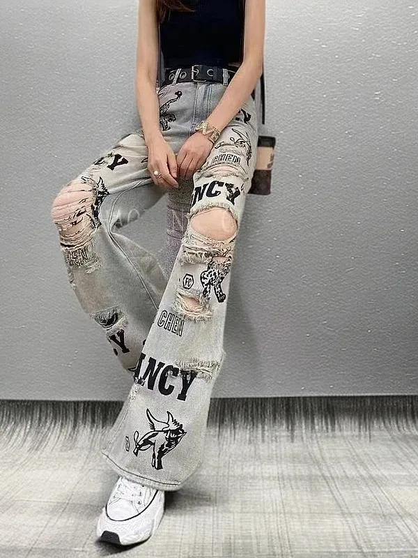 

Spring 2025 New Casual High Waist Wide Leg Floor Length Pants Letter Print Hole Design Antimicrobial Loose Fit Denim Jeans