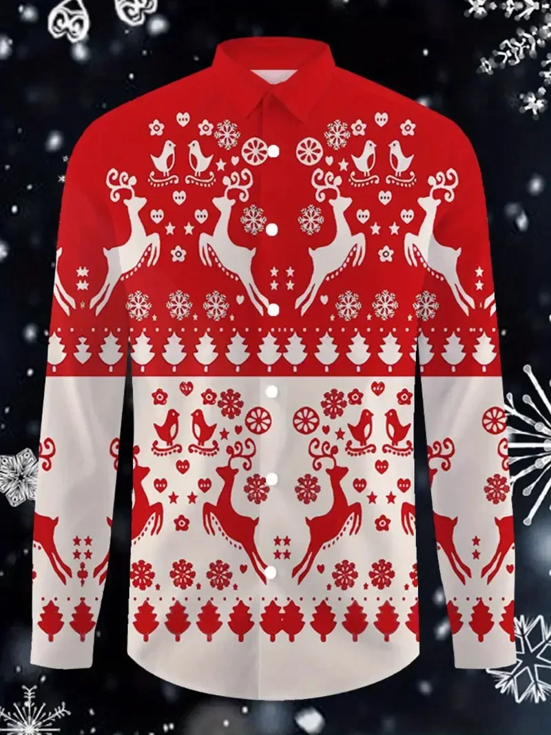 2026 Men's Christmas Snowflake Bell 3D Tree Printed Formal Shirt Santa Claus Elk Pattern Long Sleeve Shirt Fashion Men's Shirt