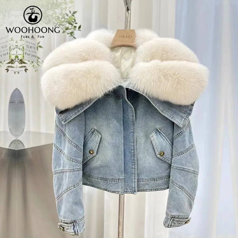 

Hot selling fashion new women's short denim goose down jacket liner autumn and winter fox fur collar fur coat