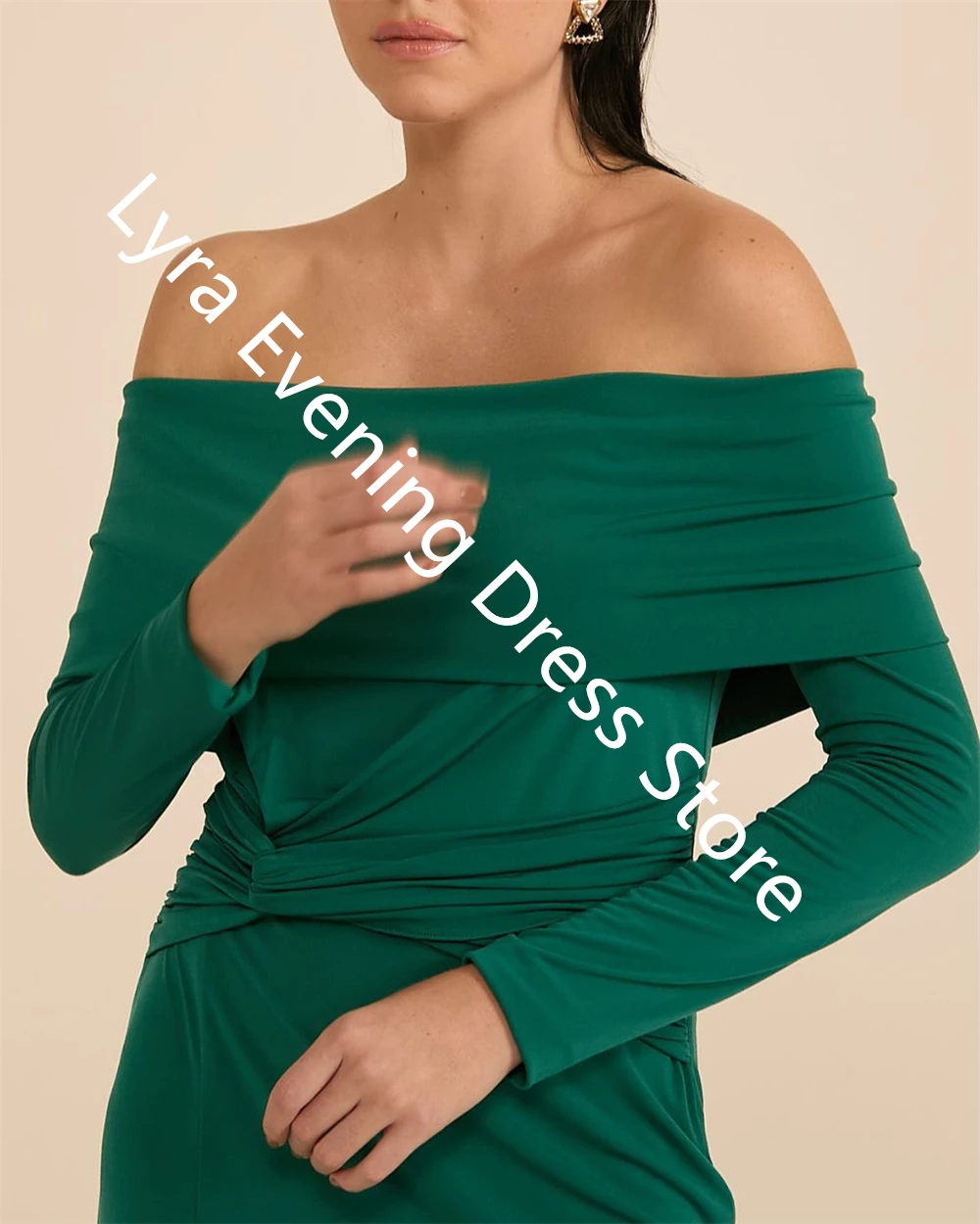 Gaun Malam Jersey Hijau Klasik Kustom Gaun Malam Gaun Selebriti Lengan Panjang Bahu Terbuka Lembut