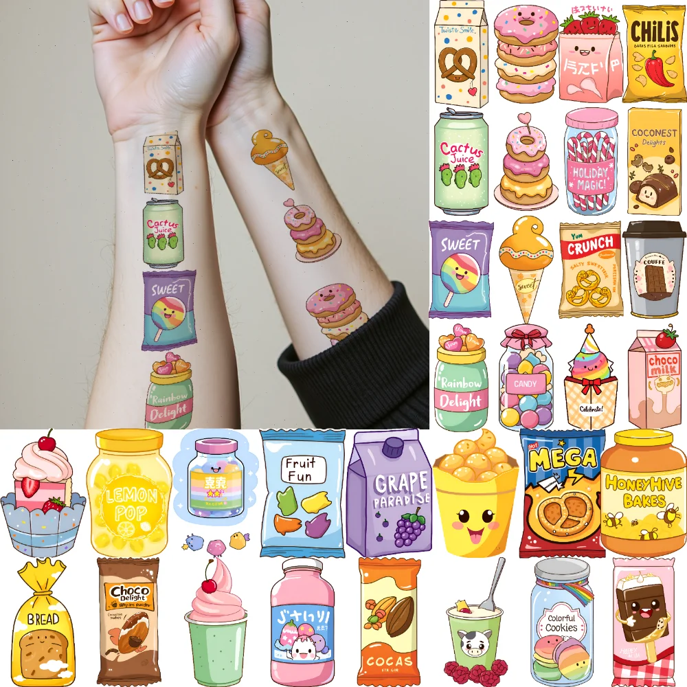 

63pcs Temporary Tattoo Sweet Snacks Waterproof Long-lasting Body Stickers Cartoon Food Cute Drinks Cartoon For Men