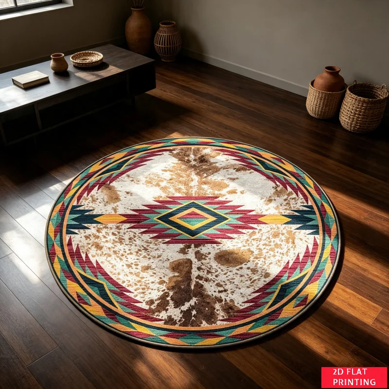 Bohemian Aztec Geometric Cowhide Pattern Round Carpet For Rustic Living Room Floor With Earthy Tribal Print Layout