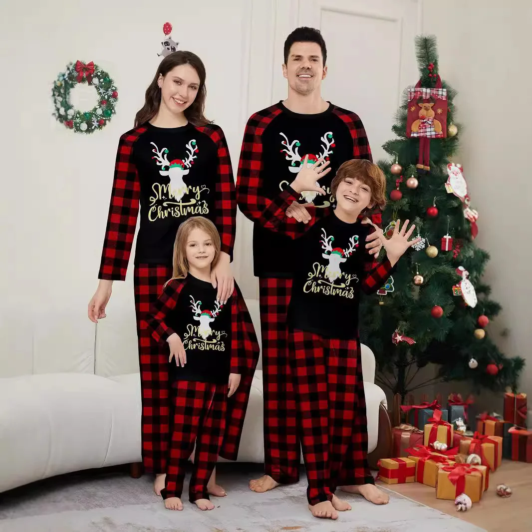 European American family Christmas parent-child pajamas home wear round-neck red  black checkered deer print long-sleeved set