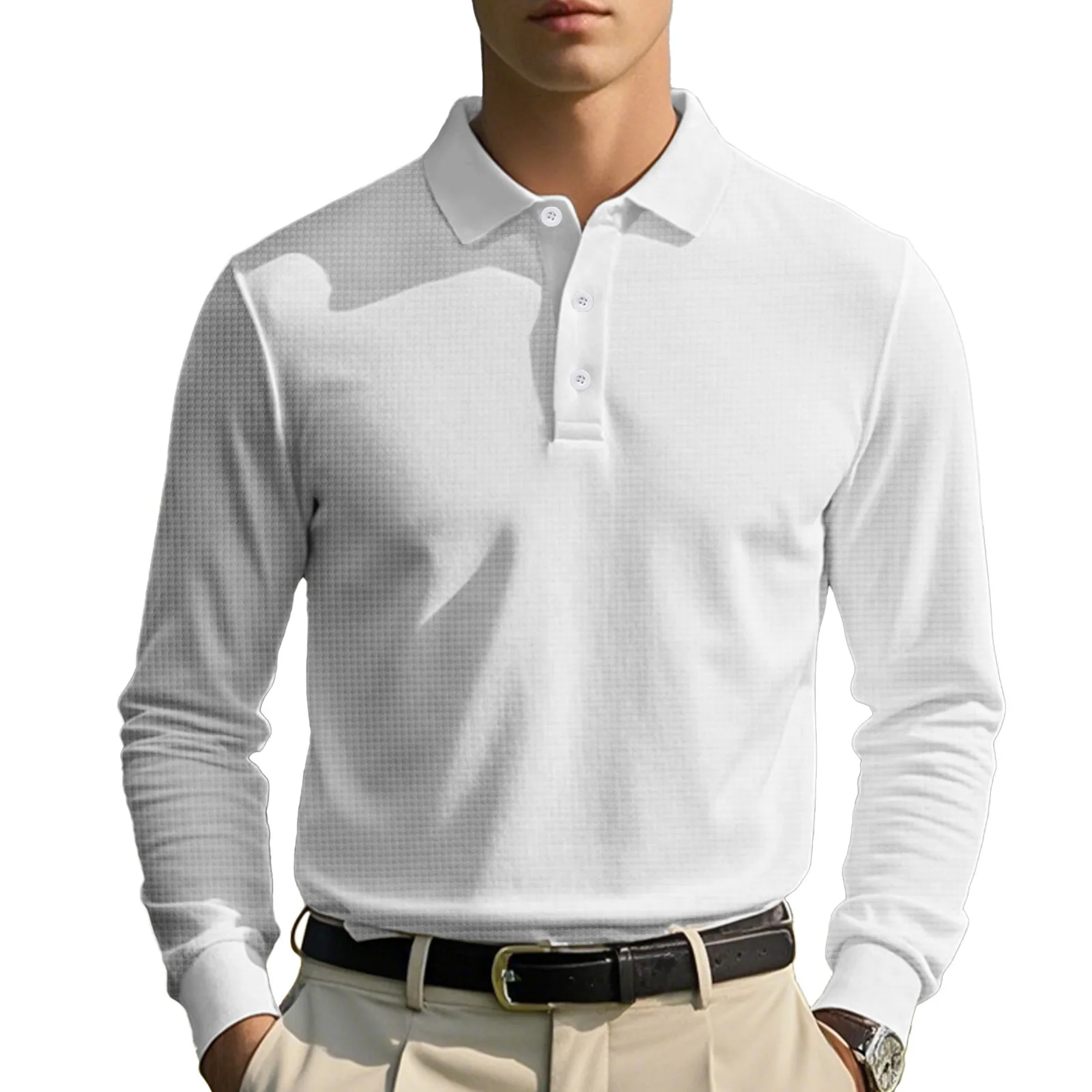 New Cross-Border Men's Autumn and Winter Waffle Lapel Button-Up Long-Sleeved Casual Polo Shirt T-Shirt