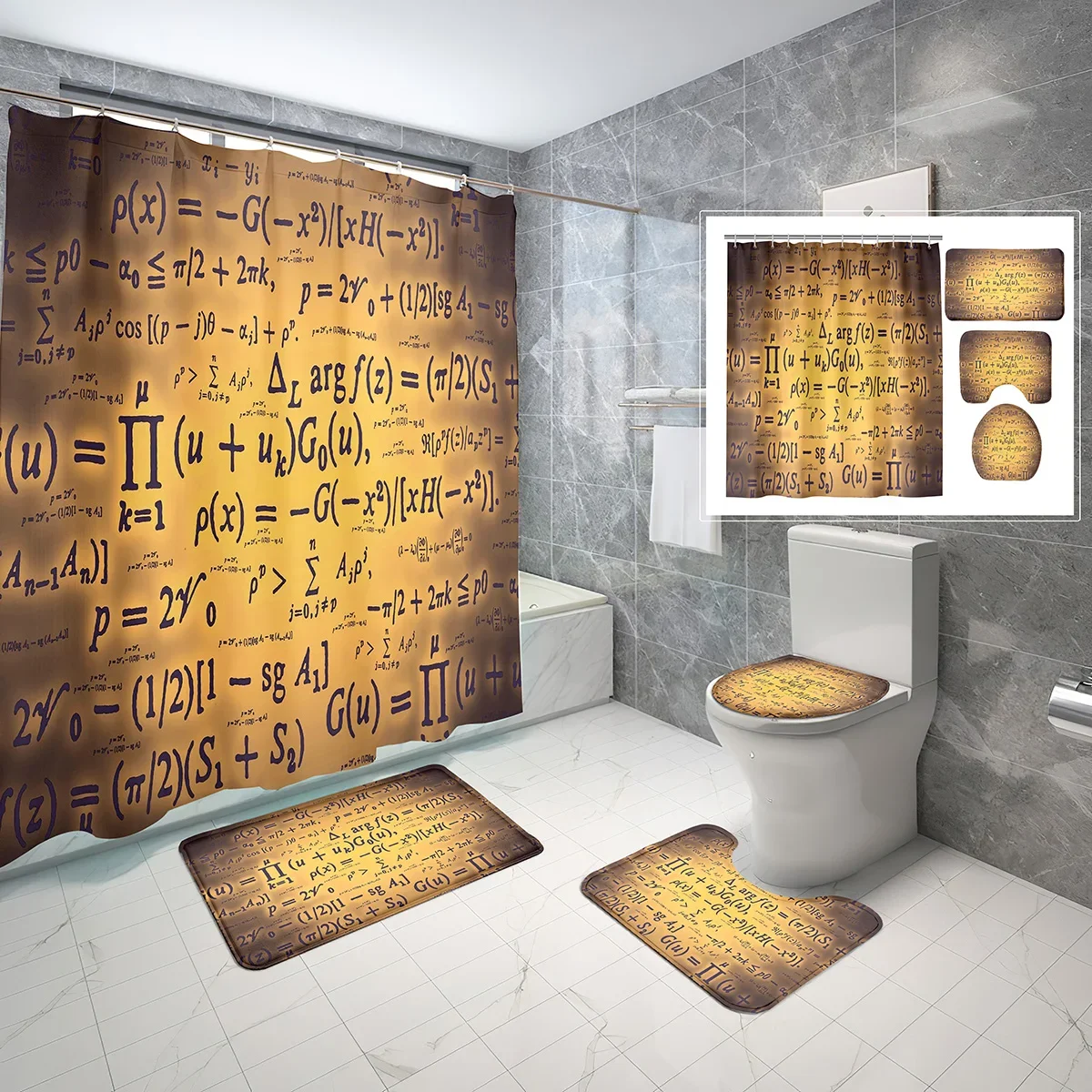 Math Equation Shower Curtain 4-Piece Set with Non-Slip Bath Mat Toilet Lid Cover Mathematics Formula Pattern Bath Curtain