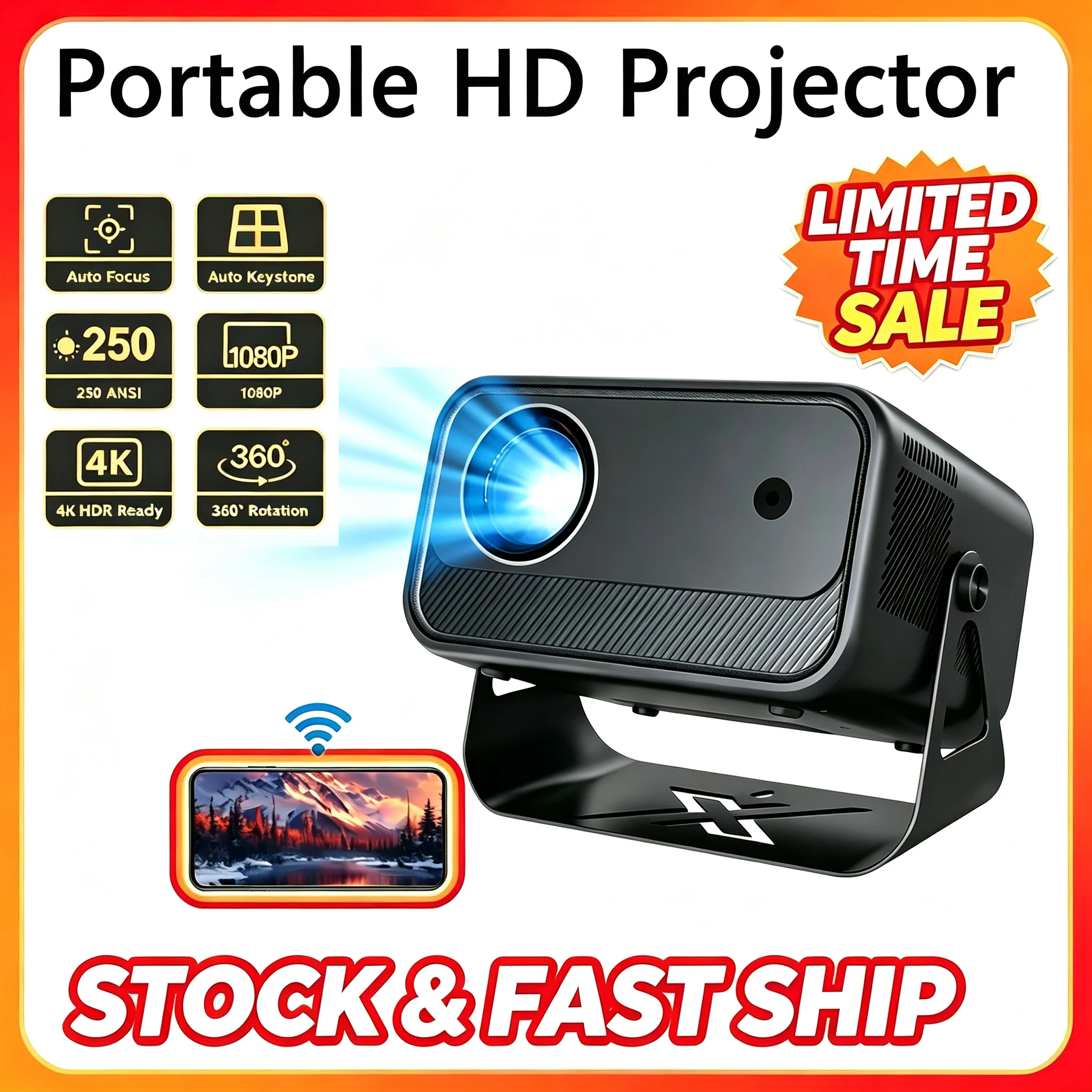 Proyector portátil HD, resolución nativa de 1080P, 250 lúmenes ANSI, enfoque eléctrico, con WiFi, Bluetooth 5G, 2.4G, HDMI y USB, ideal