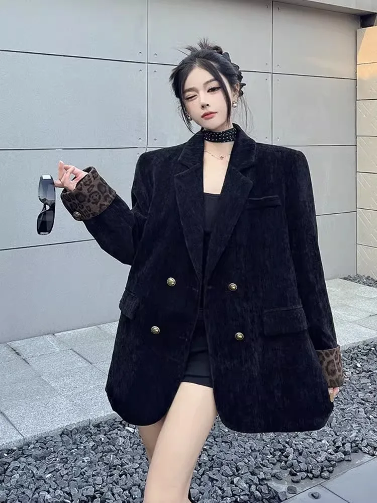 Vintage High-end Fashion Suit Jacket Women's Spring and Autumn Stitching Leopard Print Black Casual Shoulder Pad Suit Top Trendy