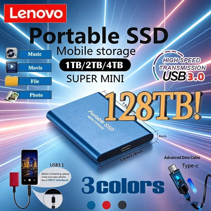 

Внешний жесткий диск Lenovo, высокоскоростной, 256 ТБ, USB 3.1, портативный SSD, 128 ТБ, для ПК/ноутбука/Mac/телефона, твердотельный накопитель