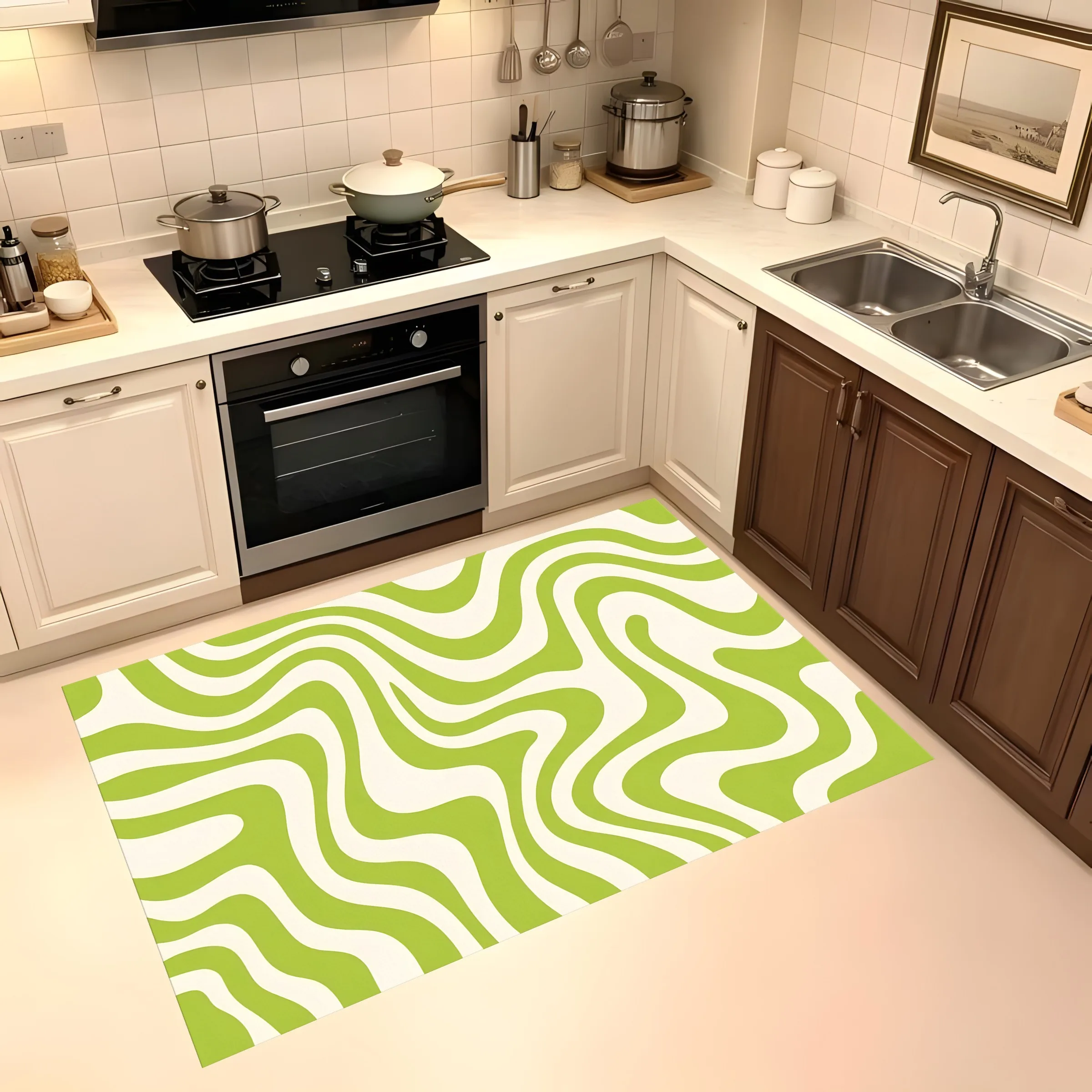 Large Area Rug in Lime Green and Milky White with Flowing Wave Pattern, Fresh Trendy Style, for Living Room Bedroom