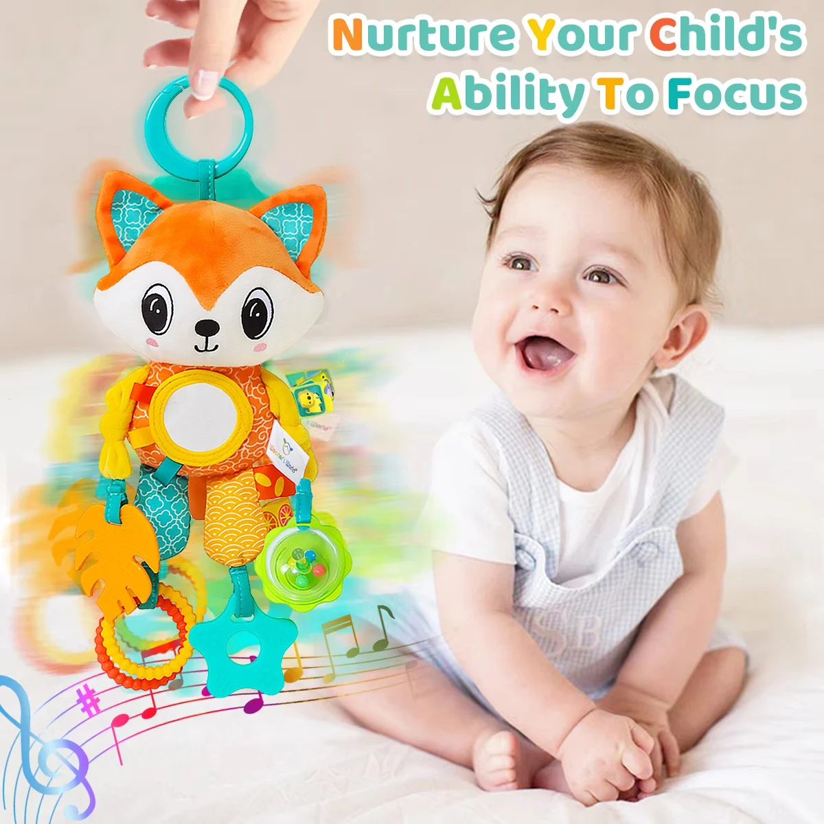 Soft Sensory Hanging Toy for Babies - Plush Animals with Rattle & Teether 2