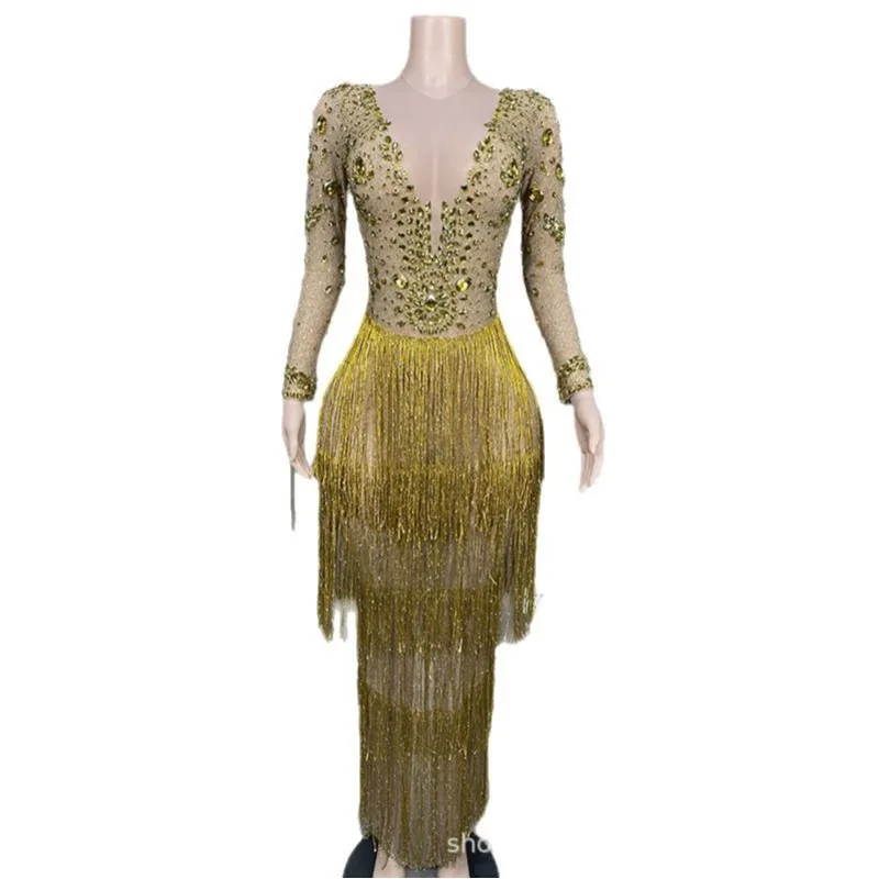 

Блестящая кисточка, темпераментное платье на талии, одежда для выступлений в банкете, модель подиума, модная одежда, украшенные кристаллами платья