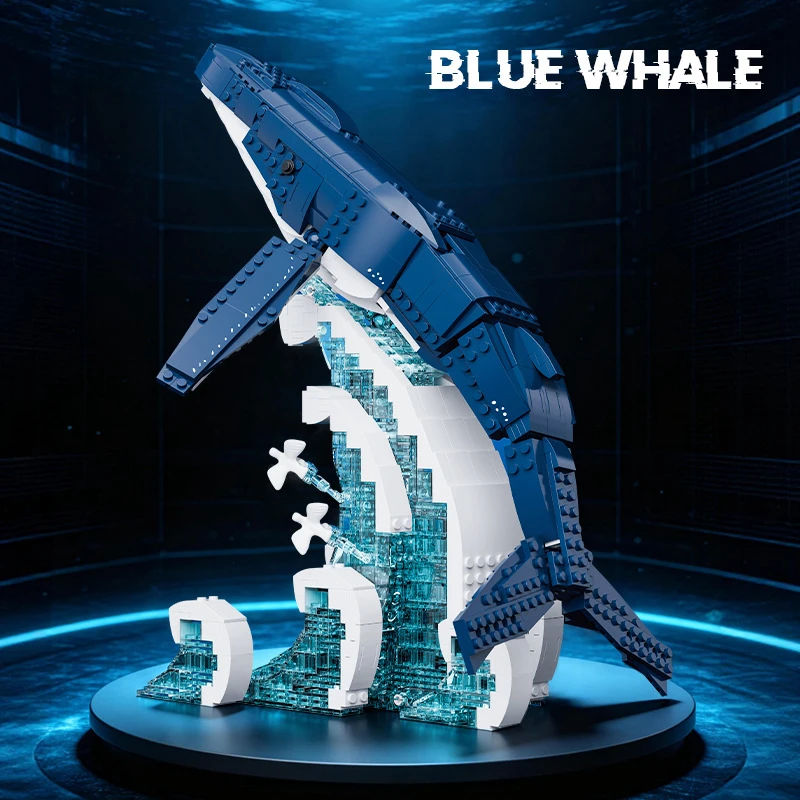 66197 Blue Whale Building Blocks Marine Animal Model Adjustable Fin And Tail Posture Desktop Display DIY Assembly Bricks Toy For