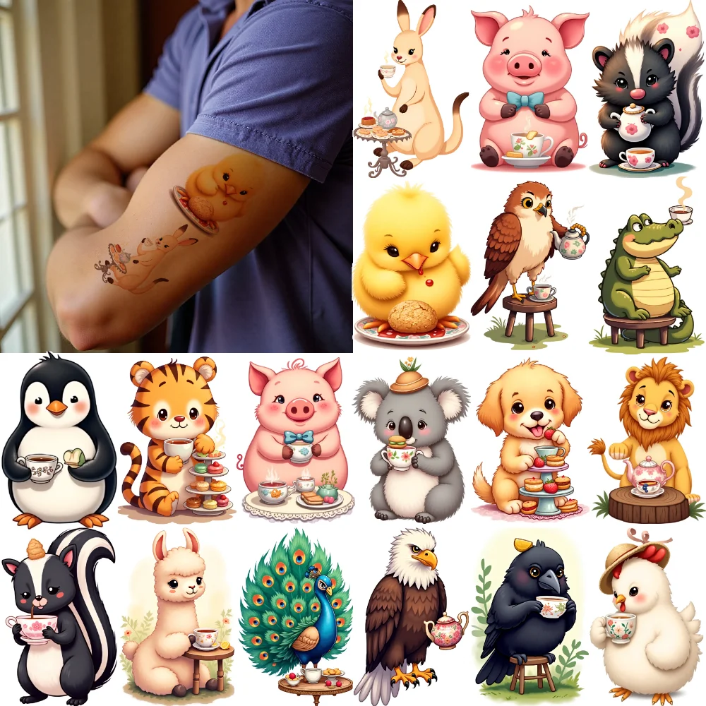 

28 шт., временные татуировки, чаепитие, искусство, мультяшные животные, иллюстрации, водонепроницаемые, долговечные наклейки на тело для плеч