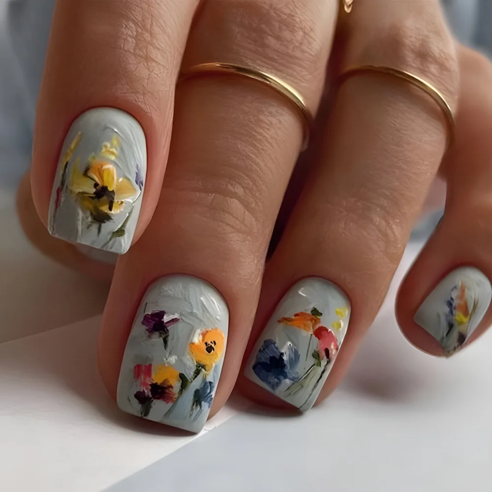 24 個の台形の付け爪プレスオンネイルヨーロッパアメリカンスタイルの新鮮なシンプルなグラフィティデザイン取り外し可能な着用可能な付け爪