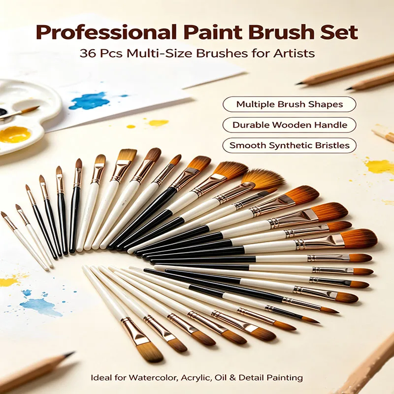 36 Pcs Professional Artist Paint Brushes Set, Multi Size Nylon Brushes for Watercolor Acrylic Oil Gouache Painting
