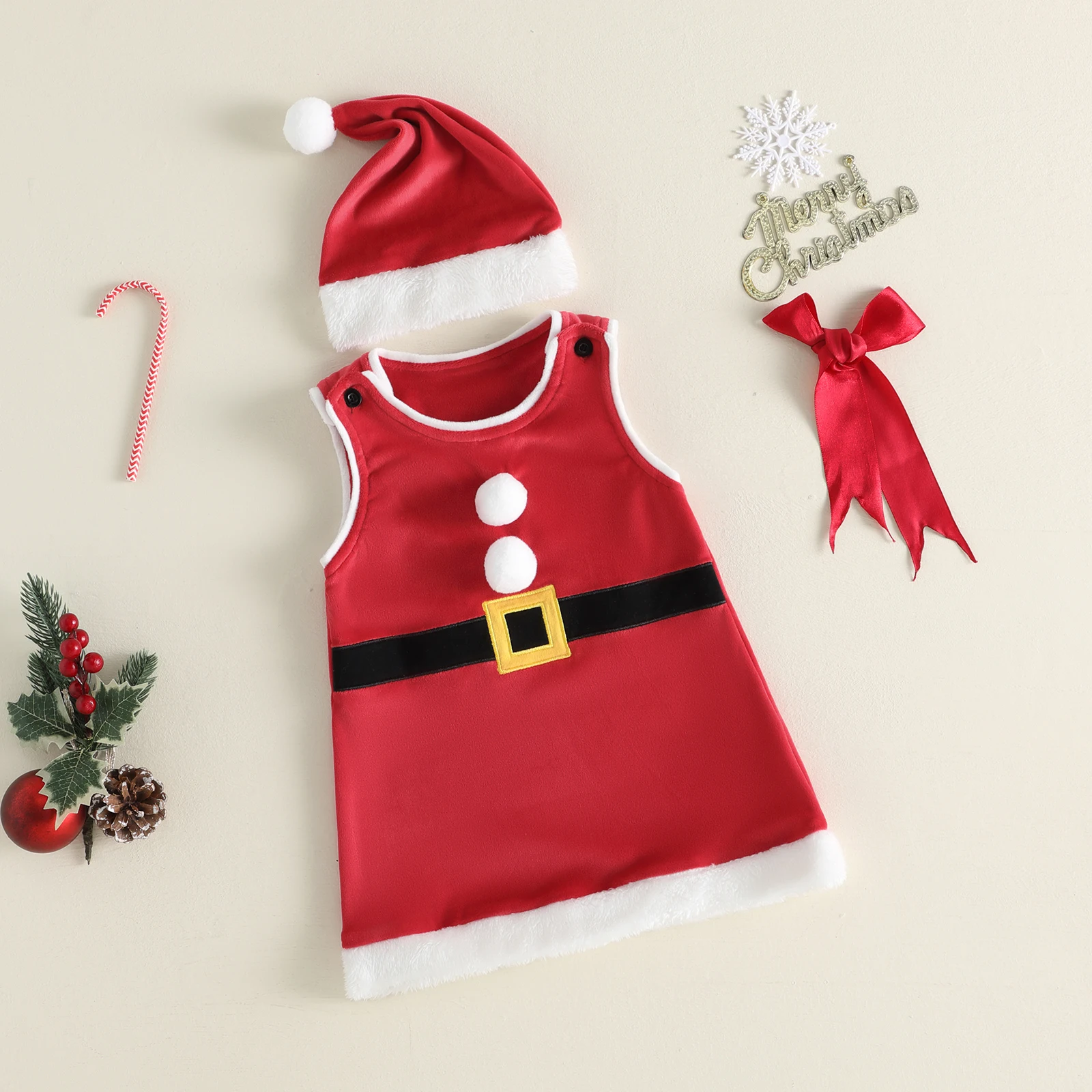 Toddler Girls Christmas Costume Fuzzy Trim Poms Dress and Santa Hat