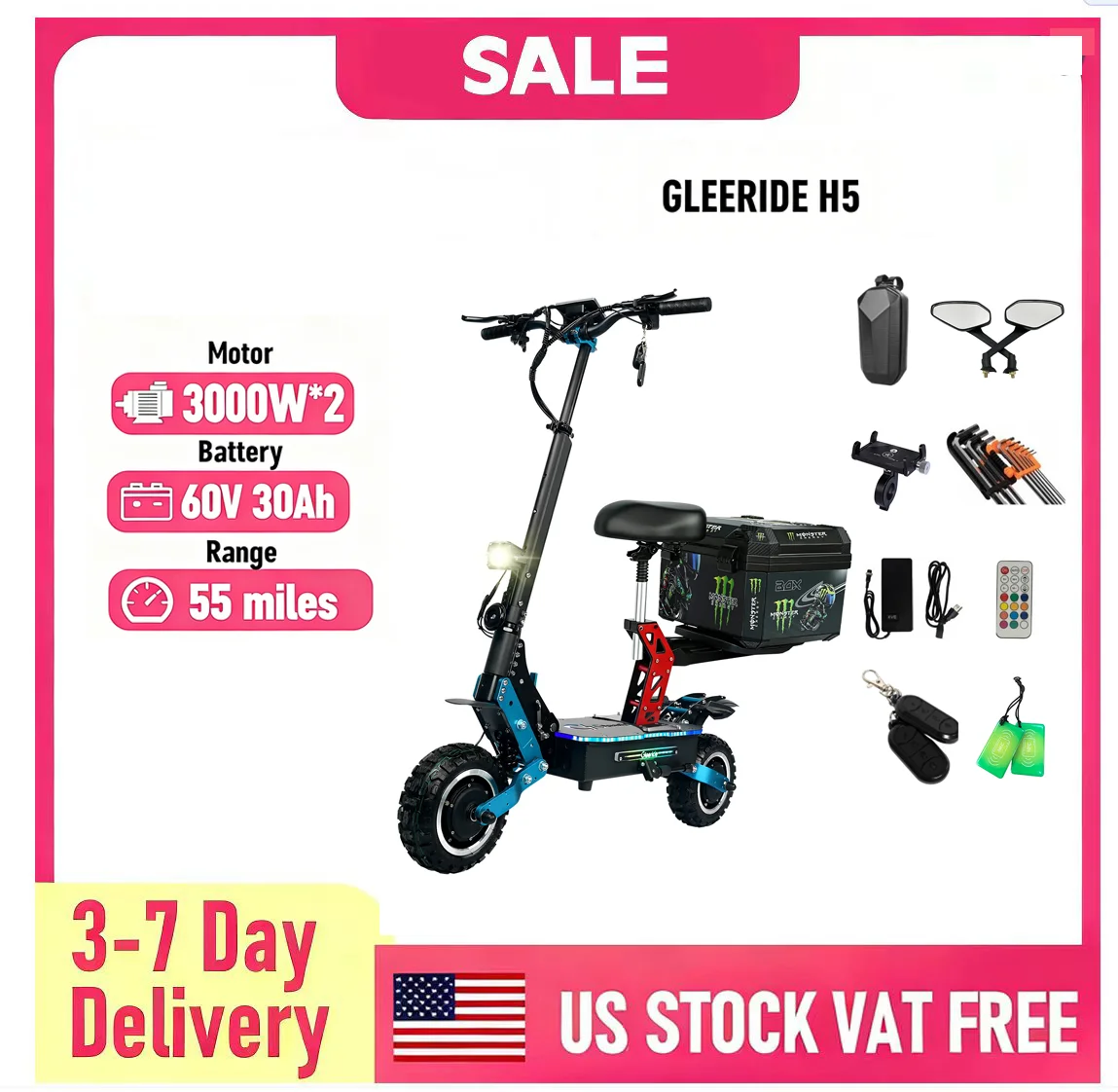 

Электросамокат GLEERIDE H5 11 дюймов для бездорожья, 3000W*2, два двигателя, аккумулятор LG 60V 30Ah, с премиальным сиденьем