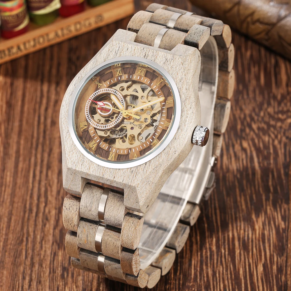 

Stylish Retro Wooden Automatic Mechanical Men Watches Roman Numerals Display Stainless Steel Skeleton Self Winding Wristwatches