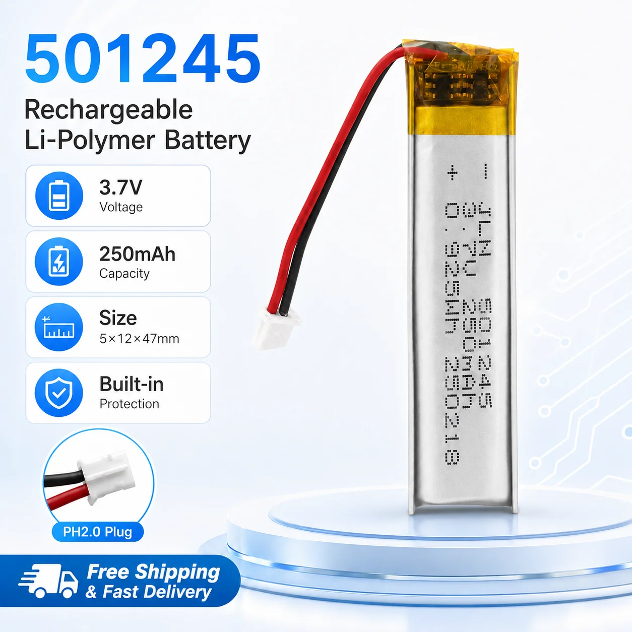 501245 3.7V 250mAh LiPo Battery PH2.0 Plug Rechargeable Lithium Polymer Battery for Bluetooth LED DIY Electronics