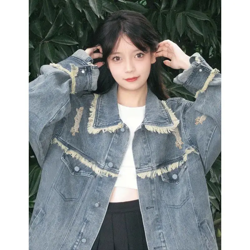 Denim Coat Women Coats Turn Down Collar Jackets Single Breasted Elegant Streetwear Vintage Jeans Open Stitch Jacket Outerwear