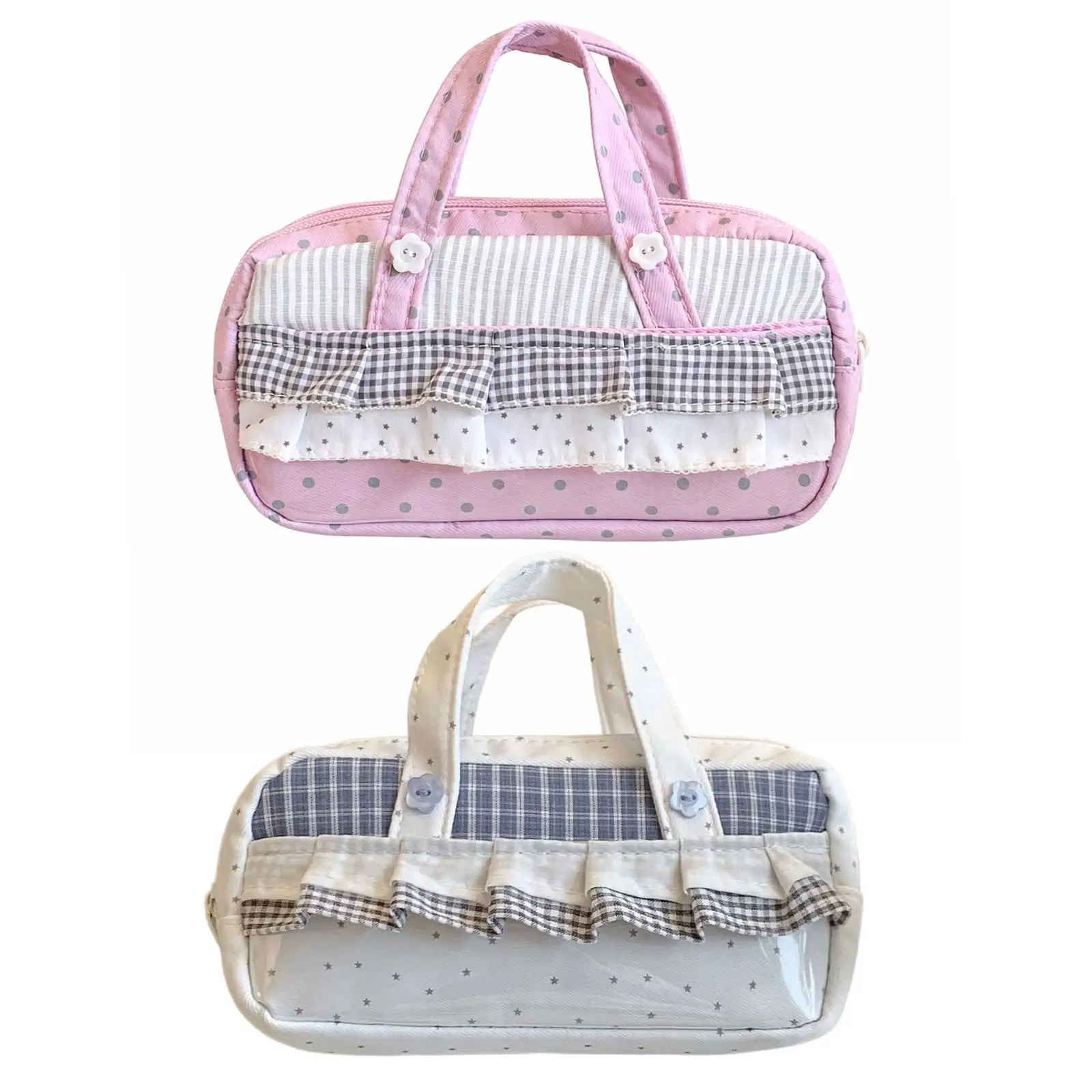 White Grid Star Pencil Pouch with Handle Multi-Purpose Large Capacity Korean Plaid Style Ruffle Stationery Bag