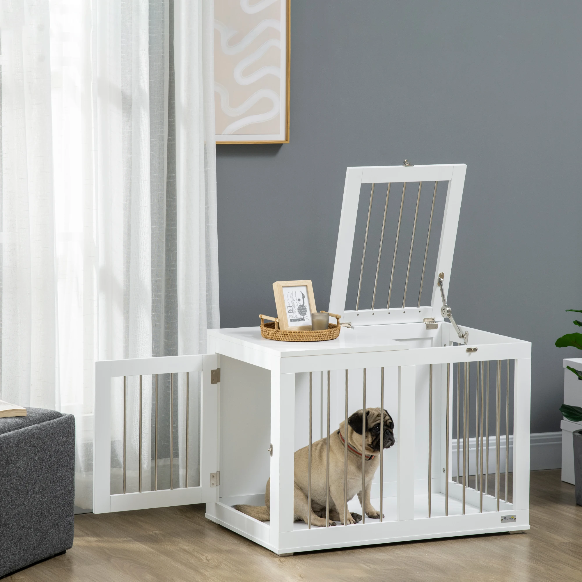 Weißer Mittelgroßer Hundekäfig 80x50x56,5cm mit Abschließbaren Türen, Erhöhtem Boden, Indoor-Tierkäfig für Mittelgroße Hunde bis zu 20kg, MDF & Stahldraht-Käfig mit Transportfunktion