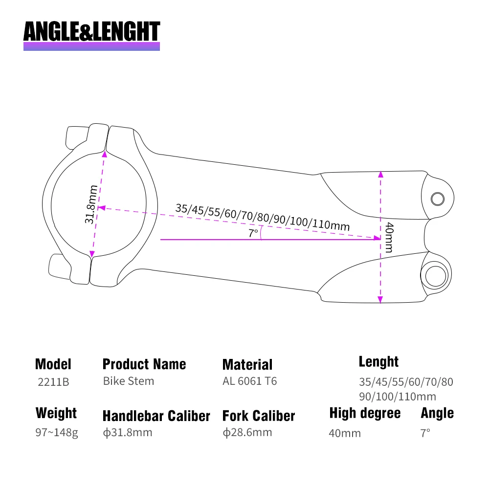 SHIKRA 2211B Ultralight Aluminum Bike Handlebar Stem 7 Degree Mtb Stem 35mm~110mm Power Mtb 31.8mm Mountain Bike Stem
