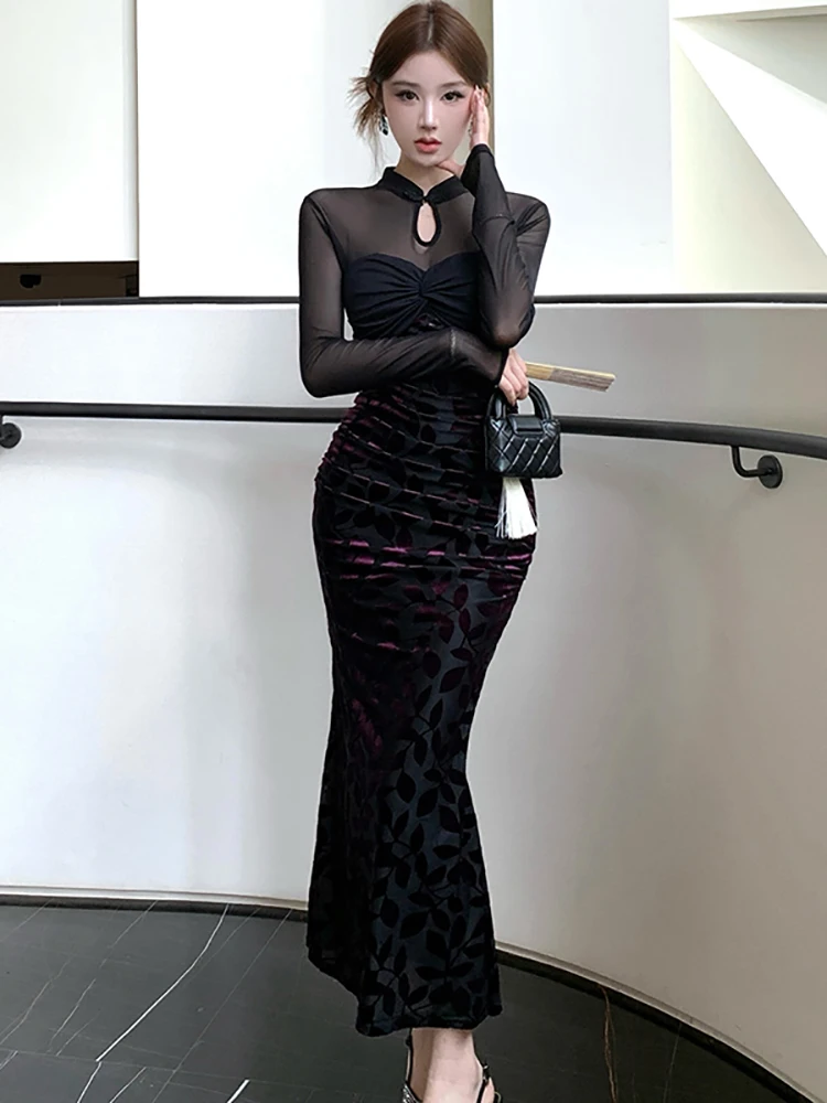 2025 preto jacquard retalhos malha pura sexy vestido longo feminino elegante vestido de noite de luxo outono inverno coreano bodycon vestidos