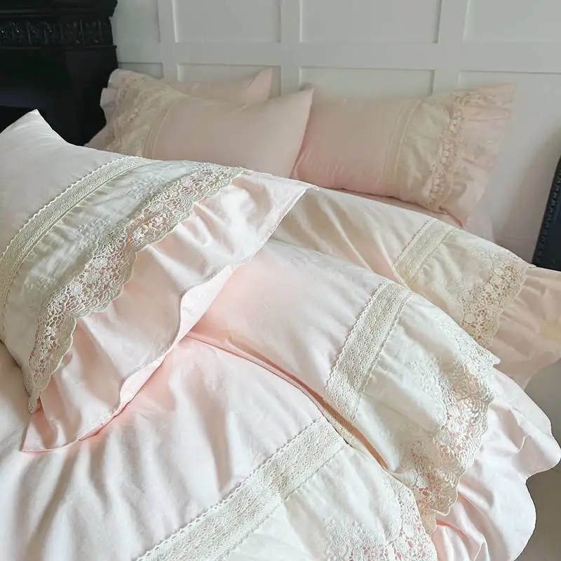 Pink Vintage Double Layer Lace Ruffles 100% Cotton Bedding Set Duvet Cover Set Bed Sheet/Bed Skirt/Fitted Sheet Pillowcases 4Pcs