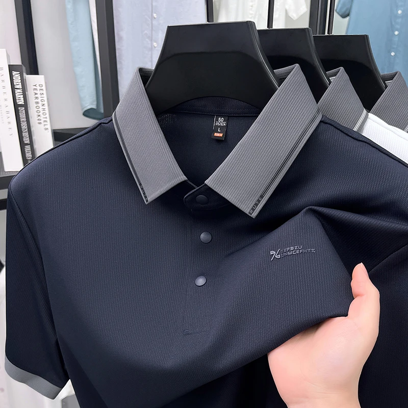 Premium ice silk short sleeve polo shirt luxury brand men's new letter embossed fashion color blocked summer breathable T-shirt