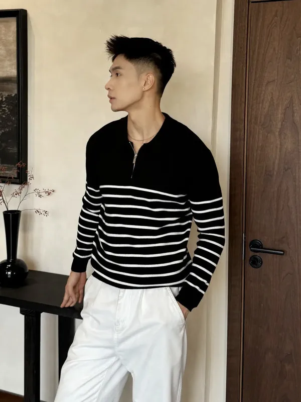 

Мужской трикотаж на молнии, повседневный свободный крой длиной до плеч, осенне-зимний полосатый узор, внутренняя одежда, модная