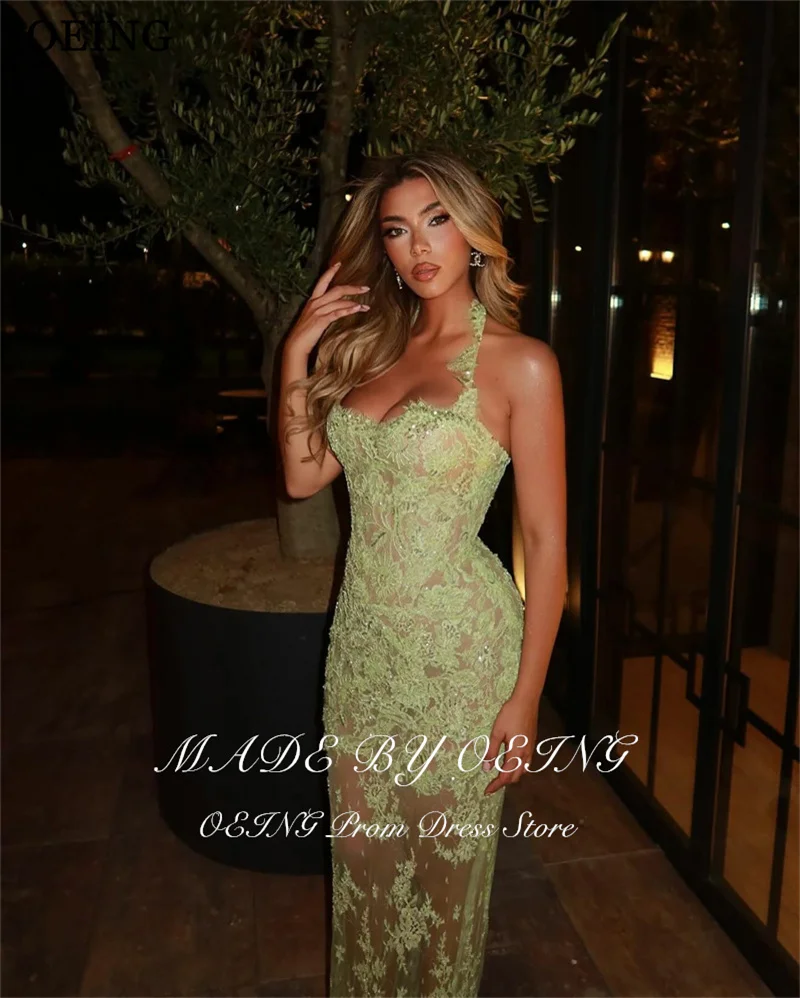 OEING Green Mermaid Lace Embroidery Prom Dresses Sequins Sleeveless vestidos de noiva Halter Illusion Evening Dress Customized image 3