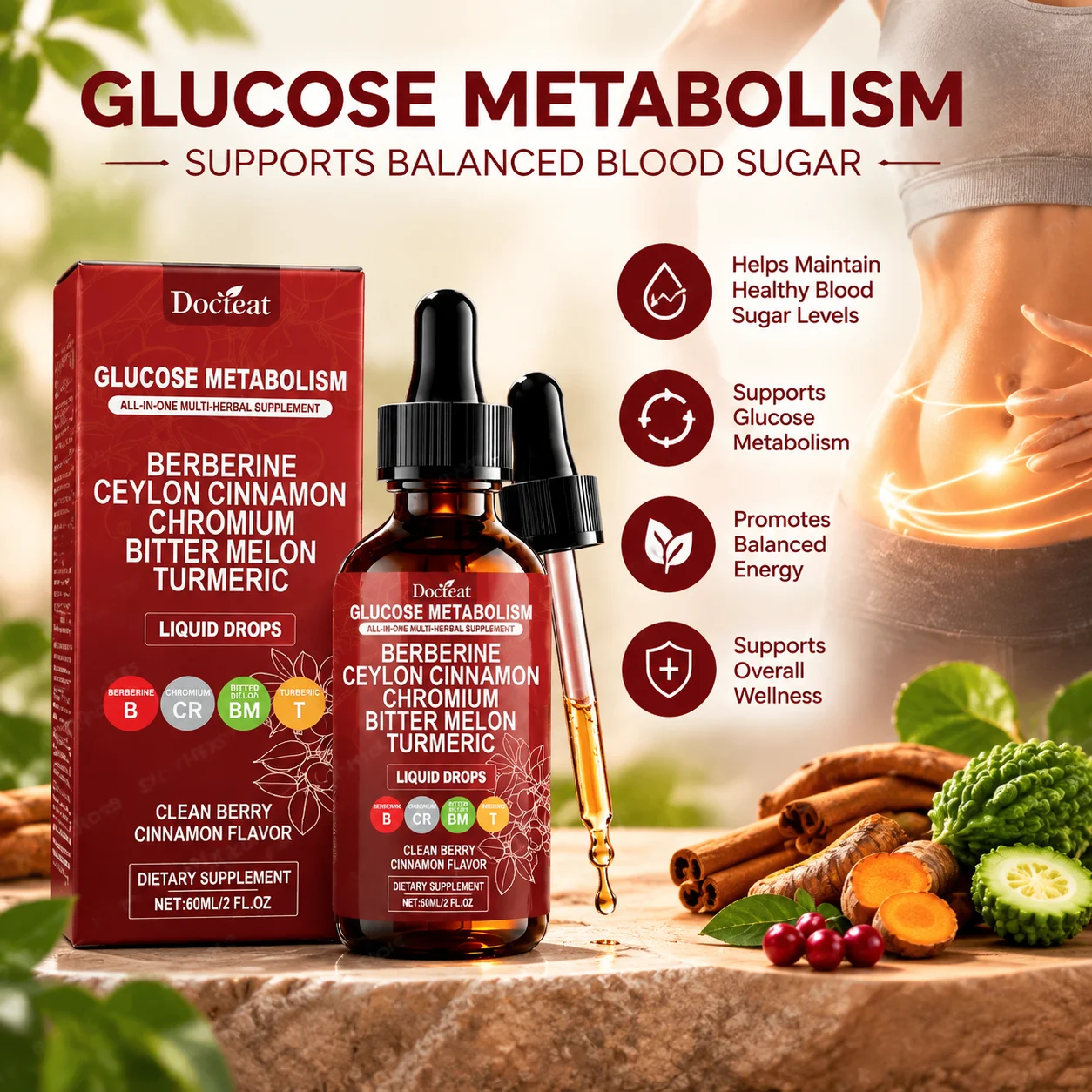 Glucose Metabolism Liquid Drops,Blood Sugar Balance, Berberine HCl Ceylon Cinnamon Chromium Bitter Melon Turmeric Blend, 60ml